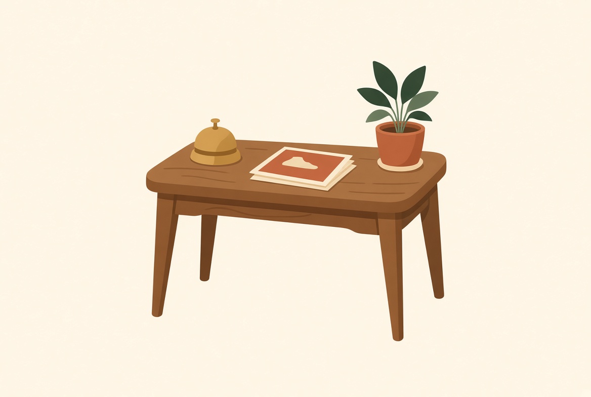 The Prize Desk mark: a wooden table, a bell, postcards and a plant