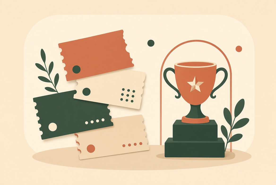 Illustration of tickets beside a small trophy